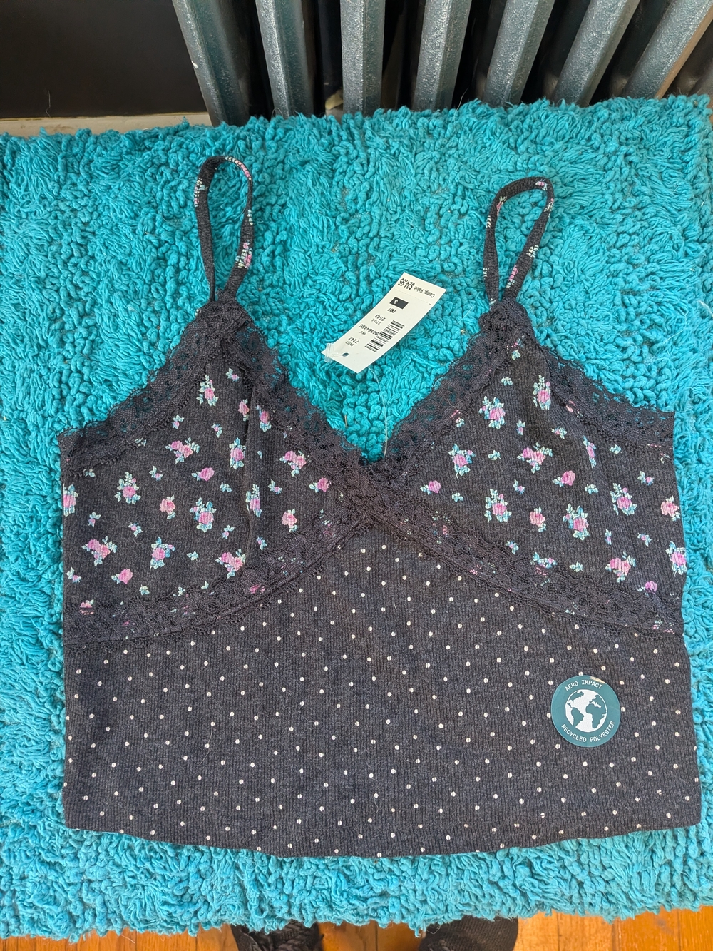 Aeropostale Grey Floral & Polka Dot Lace-Trim Crop Top